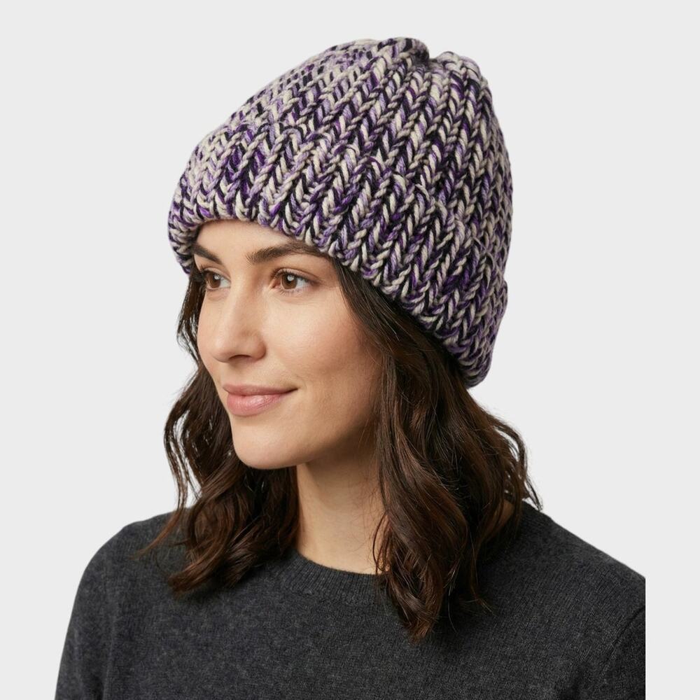 Handmade Knit Beanie Hat Purple White Variegated